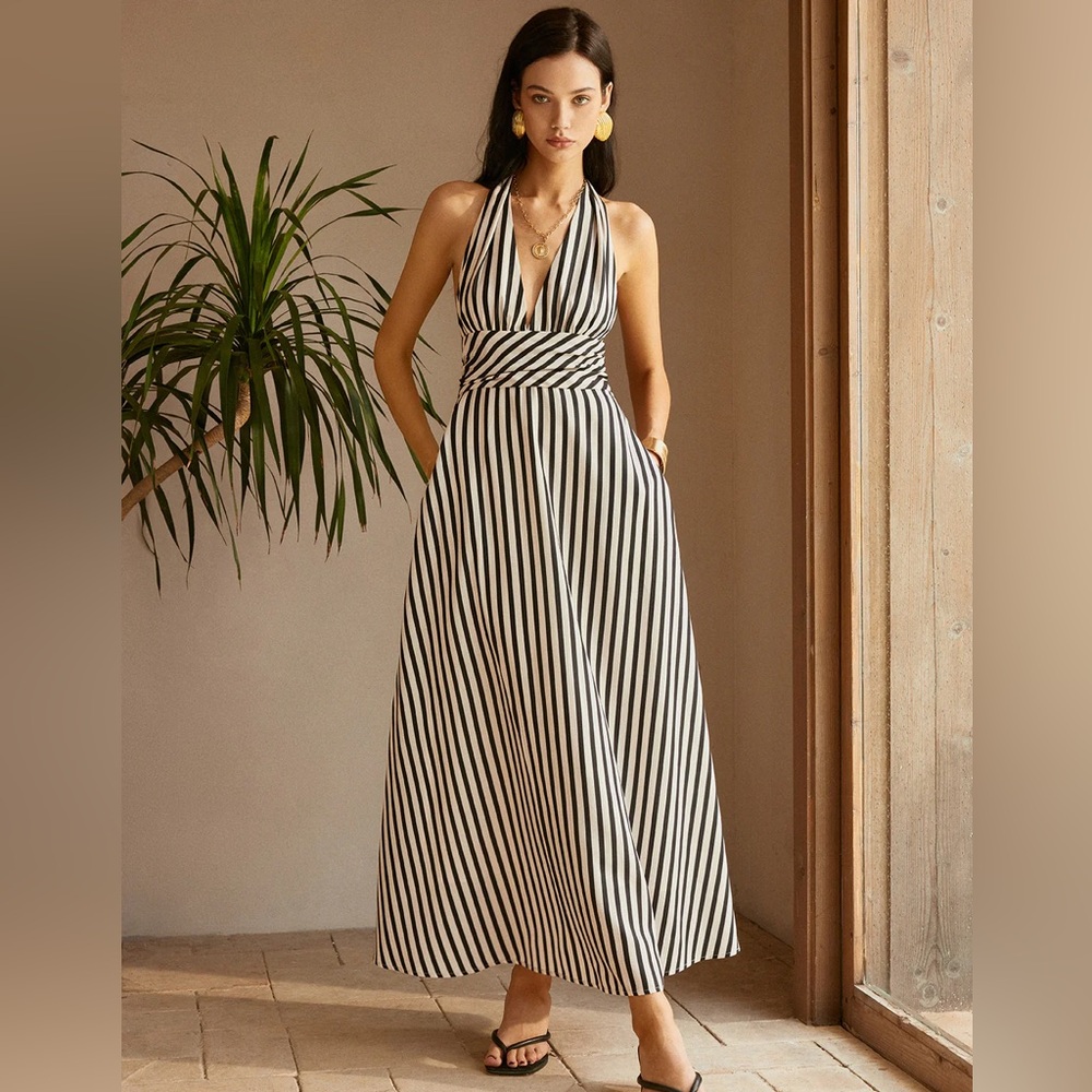 Commense Stripe Backless Pockets Dress